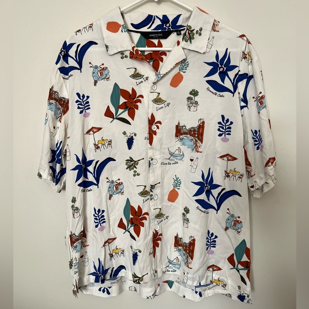 Kenneth Cole White Multicolor Graphic Short Sleeve Button Down Shirt